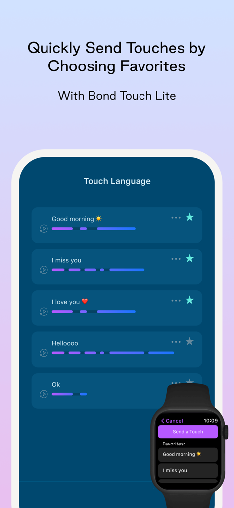 Interfaz de la aplicación Bond Touch Lite que muestra patrones de lenguaje táctil en un smartphone y una lista de favoritos en un Apple Watch.