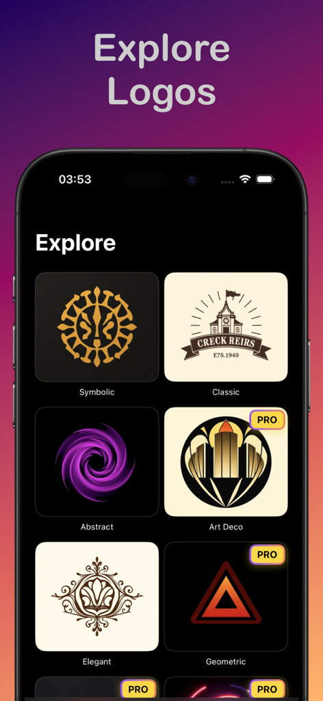 Vise AI - AI Logo Maker - The Explore screen of the Vise AI app displaying various logo design styles including Symbolic Classic and Abstract.