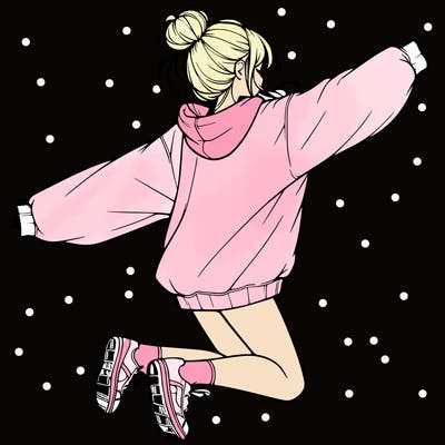 realistic girl jumping with a bun and oversized sweatshirt