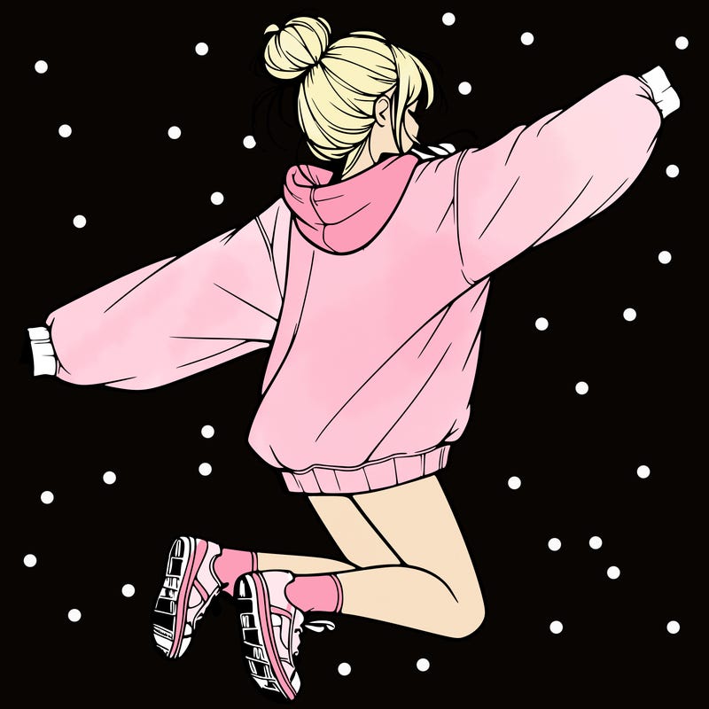 realistic girl jumping with a bun and oversized sweatshirt