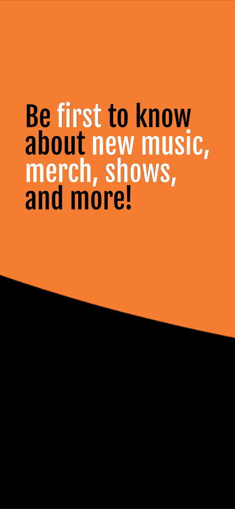 Promotional screen for the BEEPR app featuring the text Be first to know about new music merch shows and more on an orange and black background