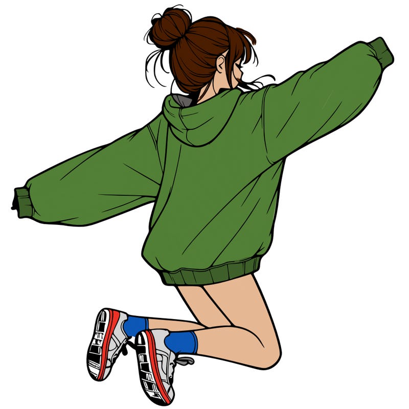 realistic girl jumping with a bun and oversized sweatshirt
