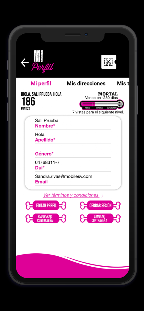 User profile dashboard of the LACA LACA app showing reward points and membership level