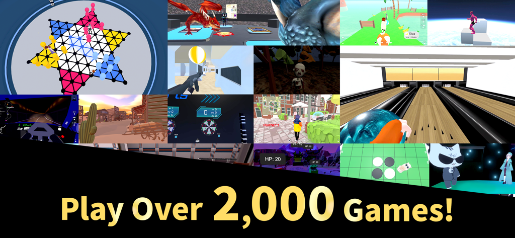 Cluster - Chat, Talk & Game - Clusterメタバースアプリで利用可能な多様なミニゲームやバーチャル世界のコラージュ