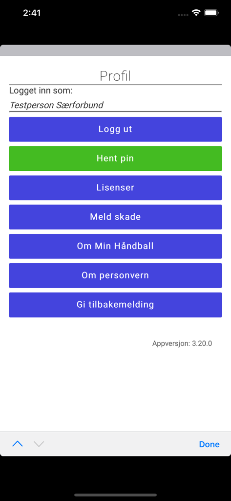 Min Håndball - User profile screen of the Min Håndball mobile app showing a menu with options for licenses, injury reporting, and account settings.