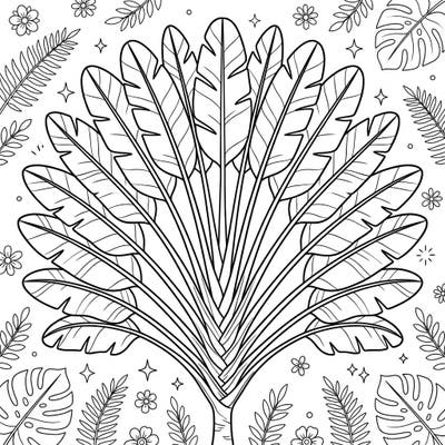 Unleash your creativity with this exquisite Travelers Palm Leaf coloring page, a tribute to exotic botanical beauty. Its intricate fan-like structure and lush tropical backdrop offer a captivating escape.