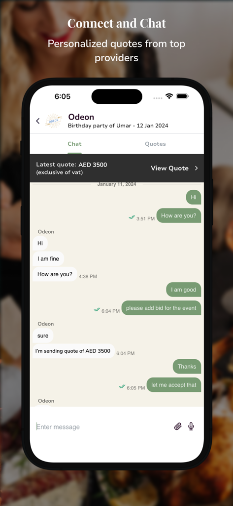 YouCater - Event Catering - In-app chat interface between a customer and a caterer for event planning and quotes