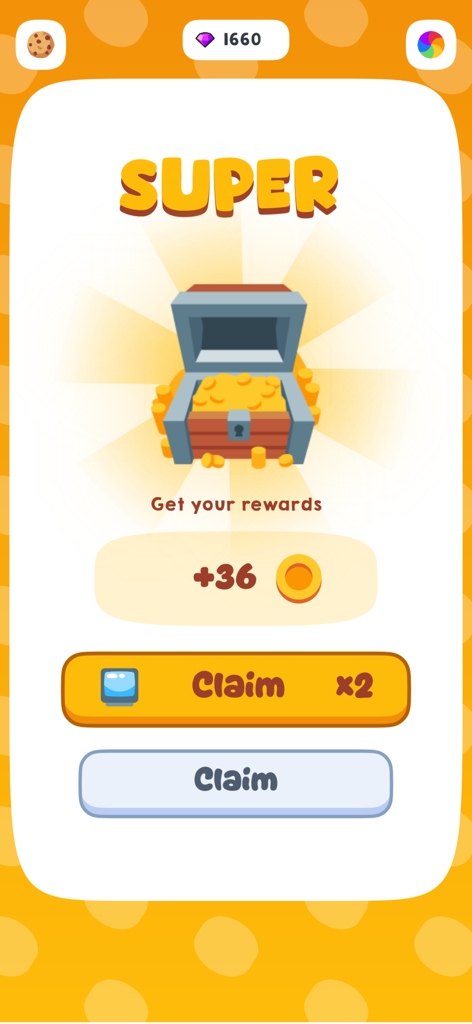 Cookie Empire: Idle Clicker - Pantalla de recompensas de Cookie Empire con un cofre del tesoro y botones de reclamar
