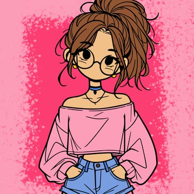 girl with a messy ponytail glasses a baggy crop top and jean shorts