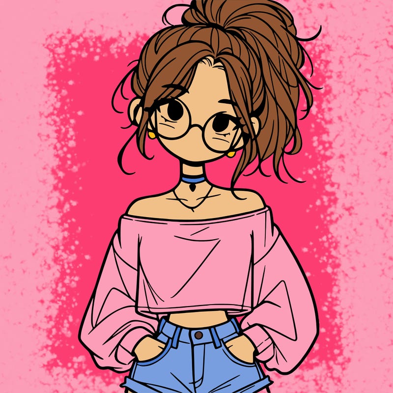 girl with a messy ponytail glasses a baggy crop top and jean shorts