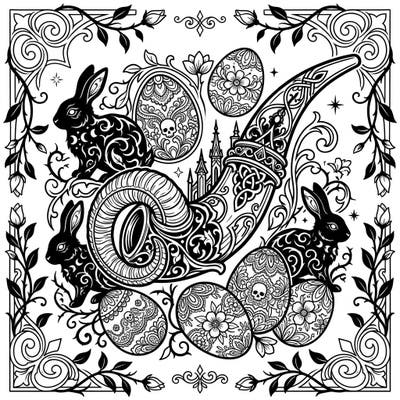 Dive into a truly unique coloring experience with this Gothic Easter Shofar design. This intricate page blends ancient symbolism with dark whimsy, featuring ornate bunnies, detailed eggs, and a majestic shofar.