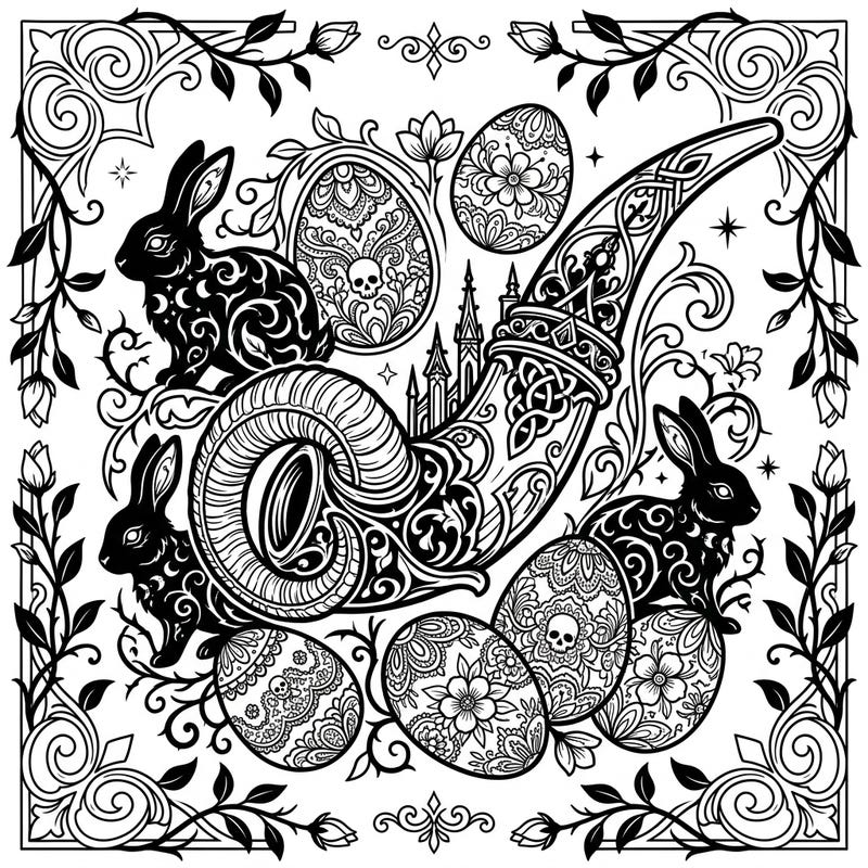 Dive into a truly unique coloring experience with this Gothic Easter Shofar design. This intricate page blends ancient symbolism with dark whimsy, featuring ornate bunnies, detailed eggs, and a majestic shofar.