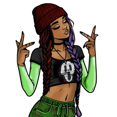 realistic teenage girl with braids and a beanie and crop top doing 🫶🏼