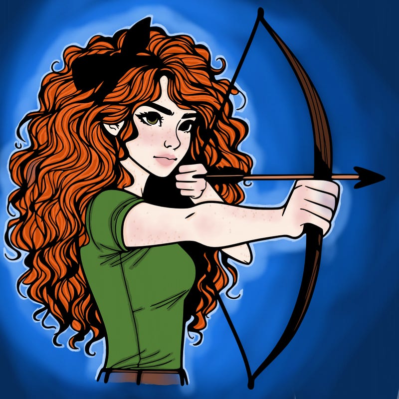 a woman with curly and messy hair using a bow to shoot arrow realistic