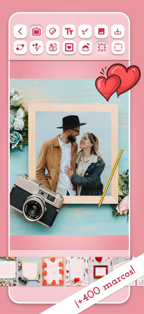 Love photo frames to edit - Mobile interface of a love photo editing app showing a couple in a frame with heart decorations and editing tools