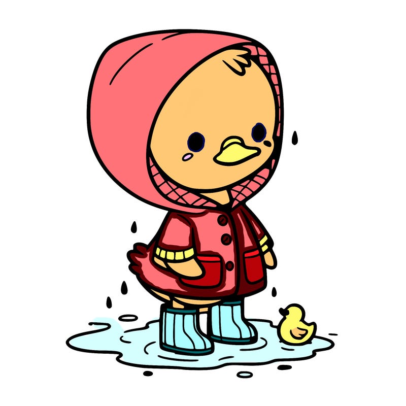 baby duck in a rain coat and boots, in a puddle while it’s raining