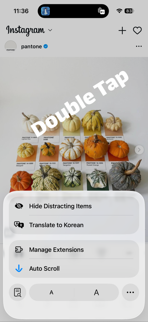 Auto Scroll extension menu on iPhone Safari with a double tap gesture indicator