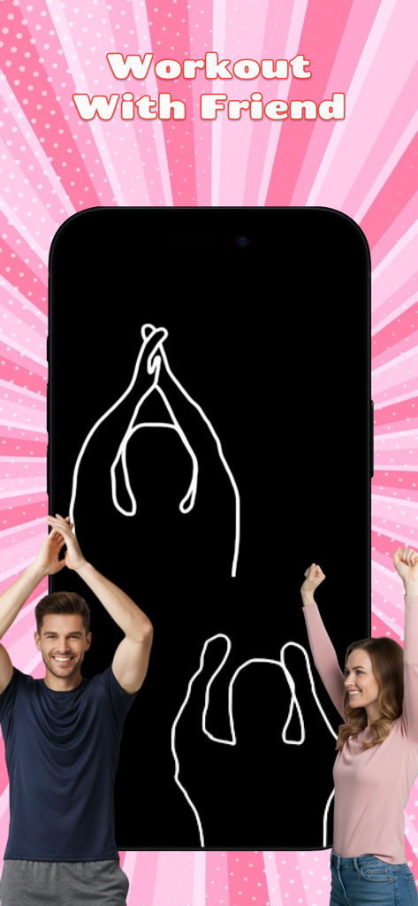 インタラクティブな体の輪郭を表示するスマートフォン画面の前でポーズをとる男女