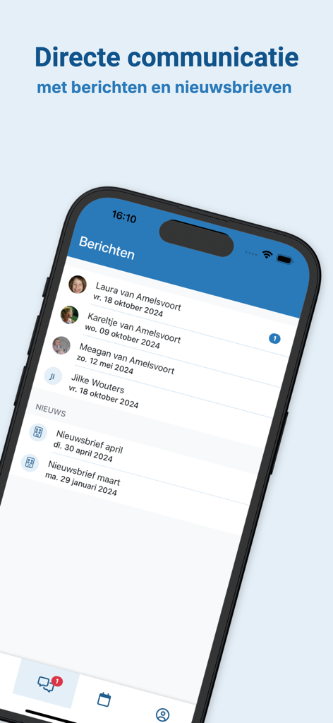 Kidsadmin Ouderapp - Kidsadmin保護者アプリのメッセージ画面。保育園からのニュースレターや保護者とのコミュニケーションが表示されています。
