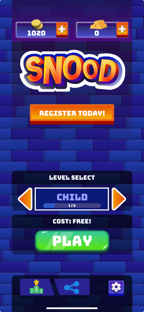 Snood Original - Snood Original main menu screen with level selection and play button