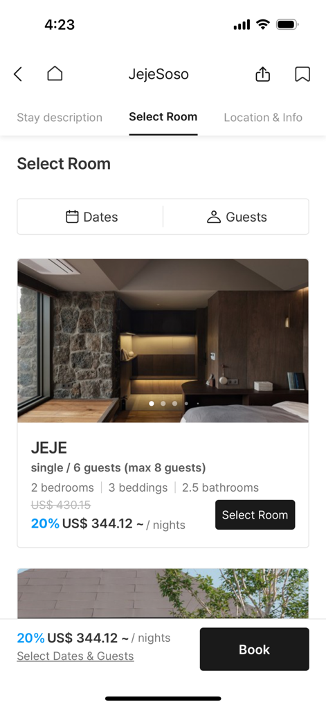 STAYFOLIO - STAYFOLIO app room selection screen with minimalist room design and booking details