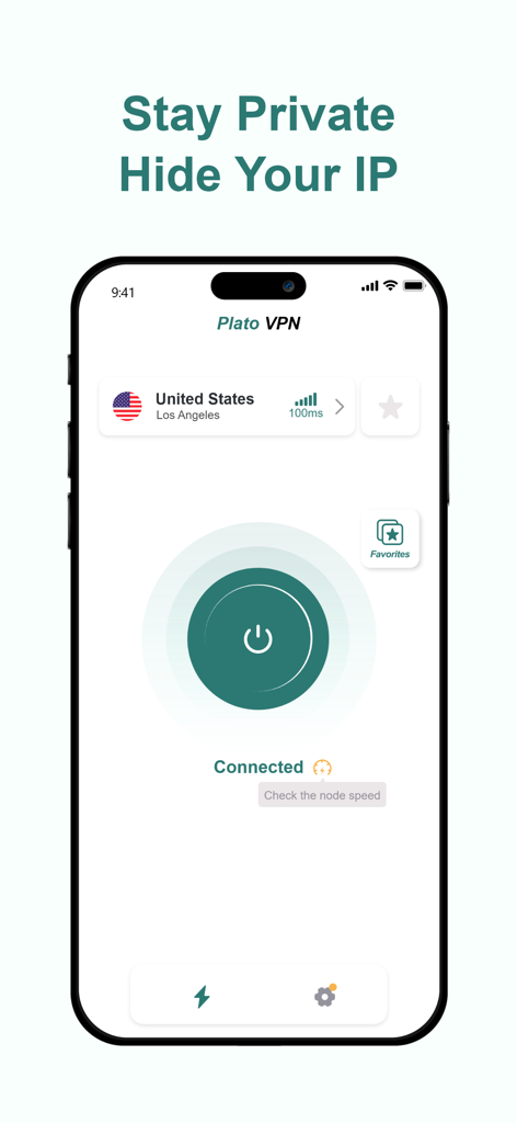PlatoVPN: Super VPN Fast Proxy - PlatoVPN iPhone app screen displaying a connected US server status and the headline Stay Private Hide Your IP