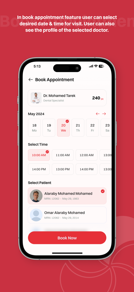 Abdul Latif Jameel Hospital - Interfaz de la aplicación del Hospital ALJ que muestra el proceso de reserva de una cita médica con un especialista, incluyendo la selección de fecha y hora.