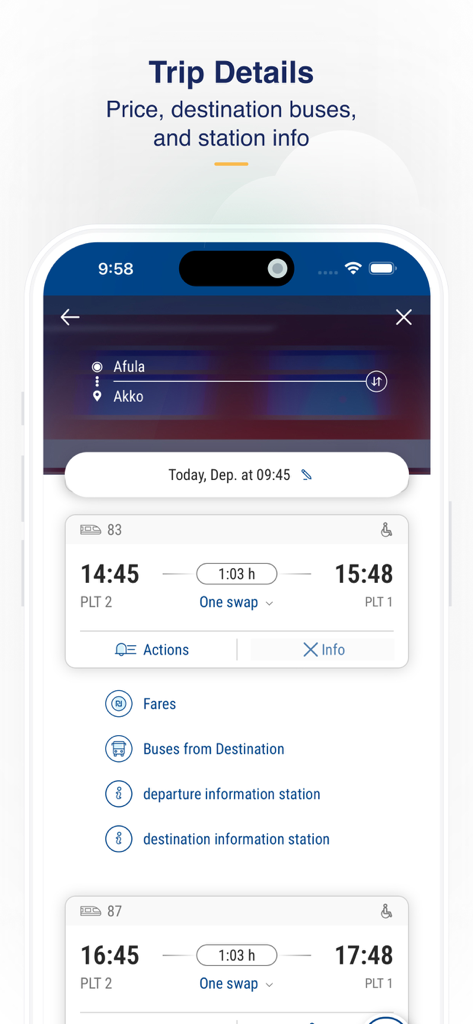 רכבת ישראל - Israel Railways - Interfaccia dell'app mobile per Israel Railways che mostra gli orari dei treni e i dettagli del viaggio da Afula ad Akko.