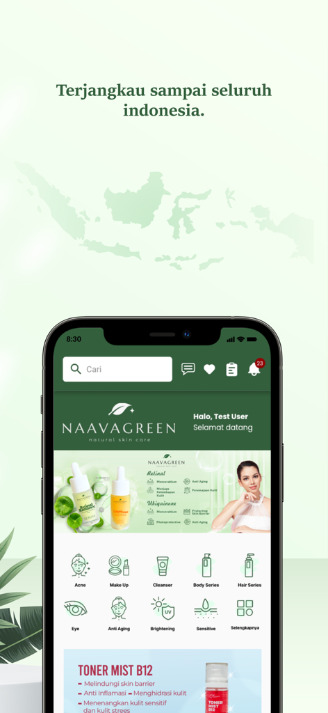 Naavagreen Natural Skincare - The home screen of the Naavagreen Natural Skincare mobile app displaying product categories and featured skincare items