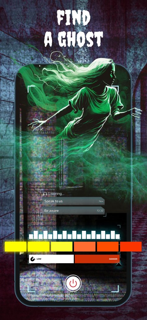 Ghost Detector - Spirit Box - Interface of Ghost Detector Spirit Box app showing a green ghost and paranormal scanners