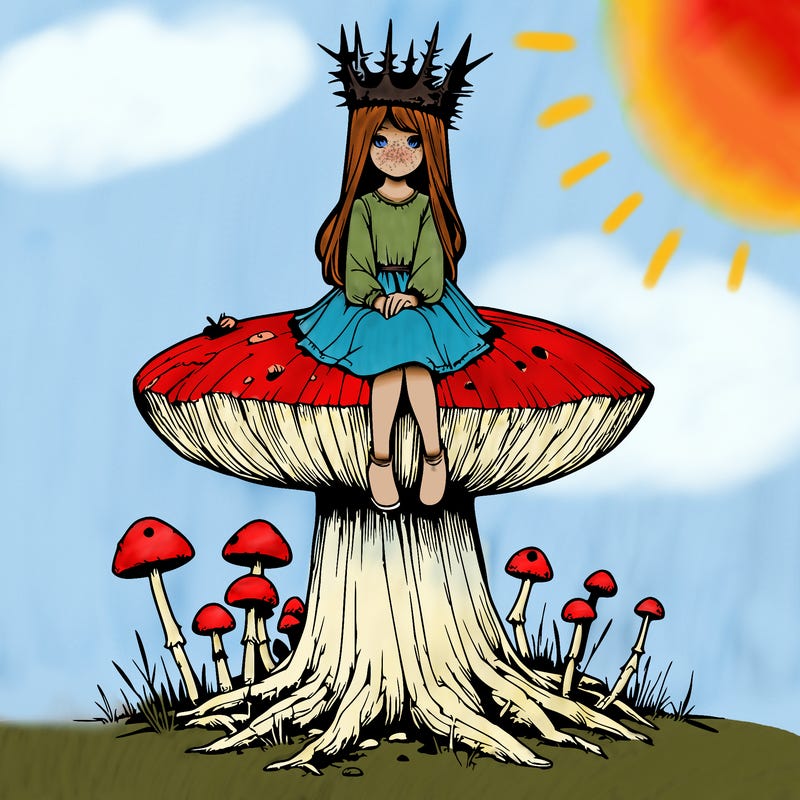 realistic girl sitting on a huge tree stump size toadstool with thorn crown