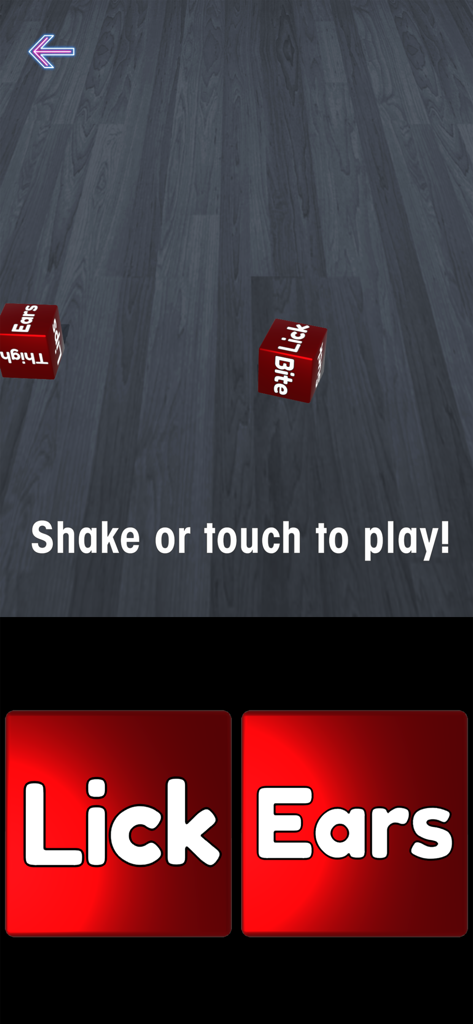 Sex Dice: Explore New Desires - Pantalla de juego de la aplicación Dados Eróticos mostrando resultados de dados rojos para Lamer y Orejas.