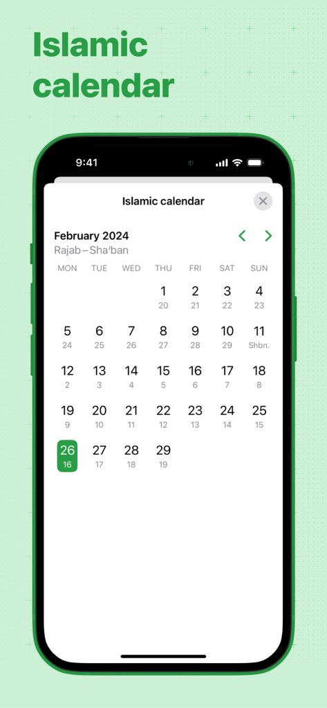 Islamic calendar view in the Ramadan 2026 app showing Hijri and Gregorian dates