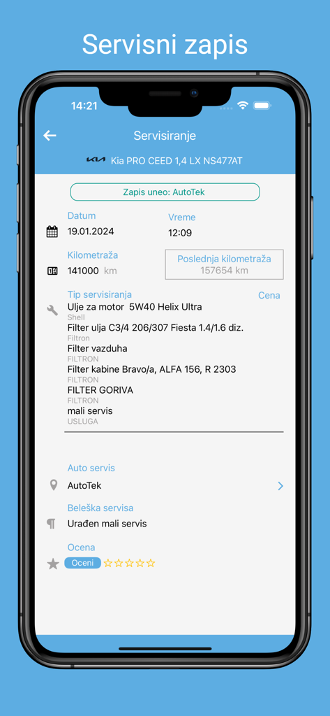 E-Knjižica - Screenshot of the E-Knjizica app showing a detailed vehicle maintenance and service record including parts replaced and mileage.