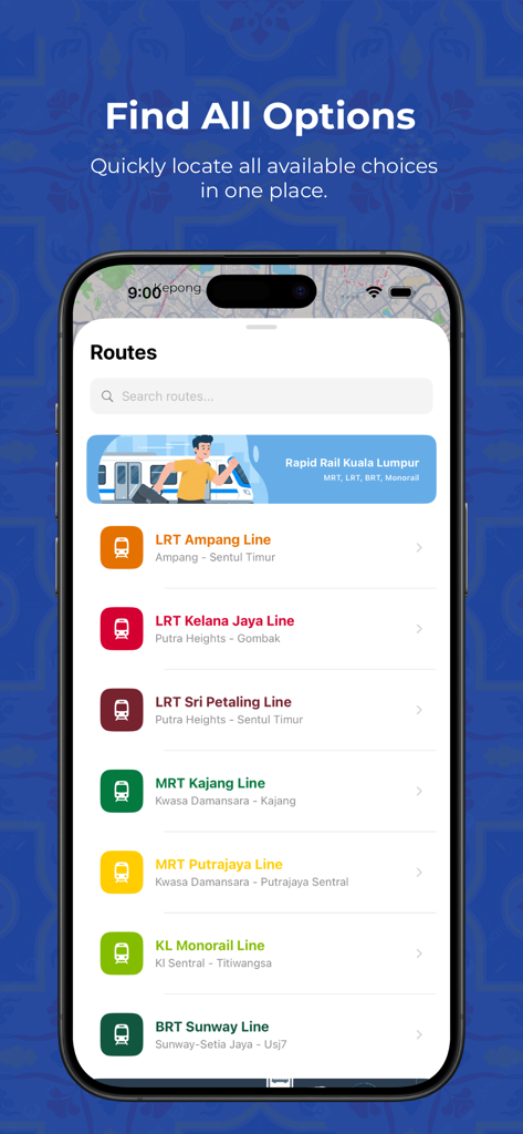 Zupp - MRT, LRT Public Transit - Zupp app interface showing a list of Kuala Lumpur public transit lines including MRT and LRT
