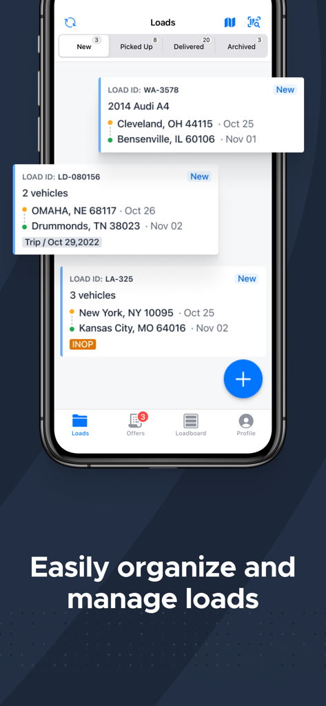 A mobile app interface for Super Dispatch showing a list of auto transport loads with pickup and delivery details