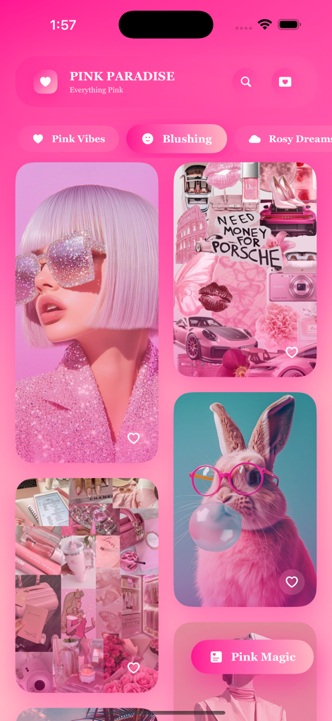 Girly Backgrounds HD app interface showing aesthetic pink wallpapers and categories.