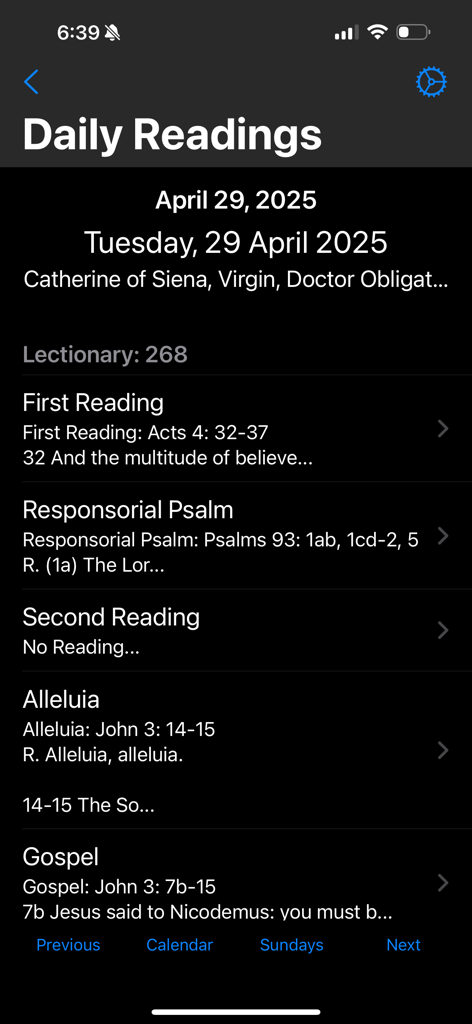 Catholic Missal & Prayer 2026 - Catholic Missal app screen displaying daily mass readings for April 29 2025