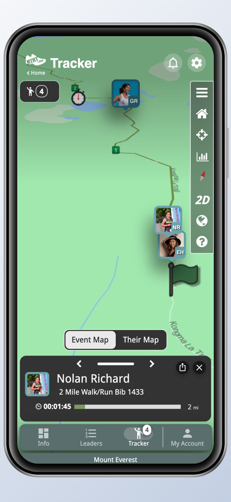 RTRT.me - Real-time race tracking map showing participant locations and progress on a course.