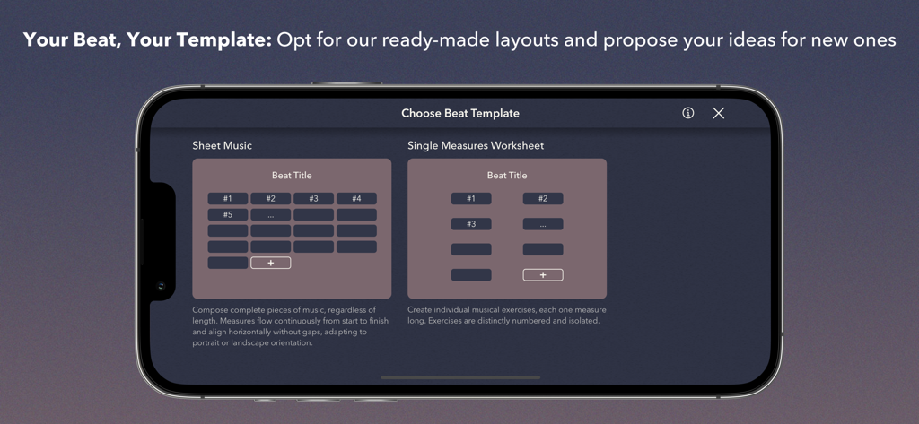 Interfaz móvil de la aplicación Beat Note mostrando opciones para plantillas de partituras y compases individuales para hojas de trabajo