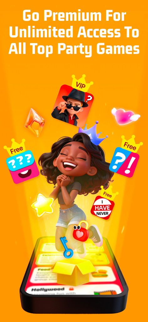 Imposter Spy Game - WhoIsSpy - Una pantalla promocional de la aplicación WhoIsSpy destacando el acceso premium a múltiples juegos de fiesta con ilustraciones de personajes.