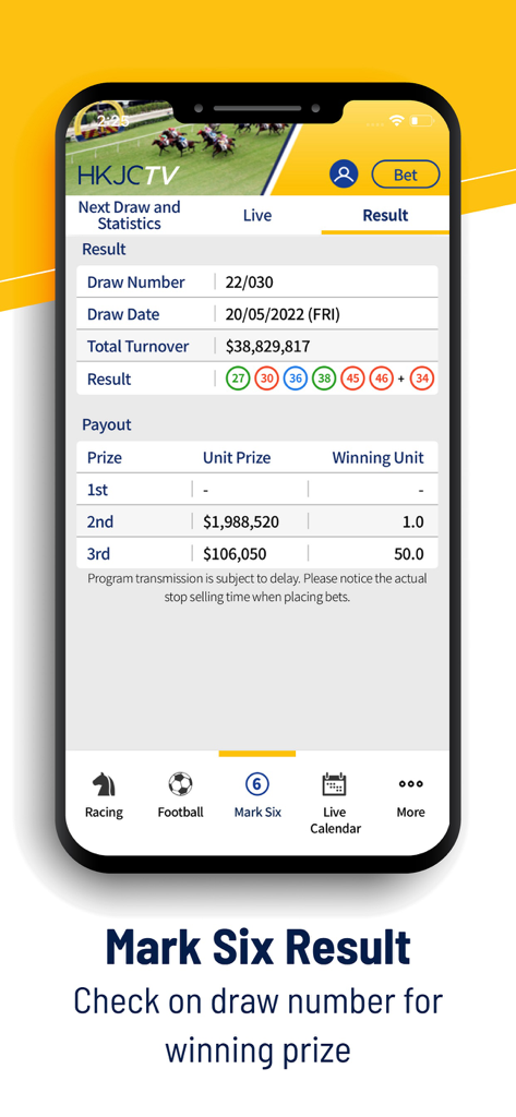 HKJC TV mobile app interface displaying Mark Six lottery draw results and payout details