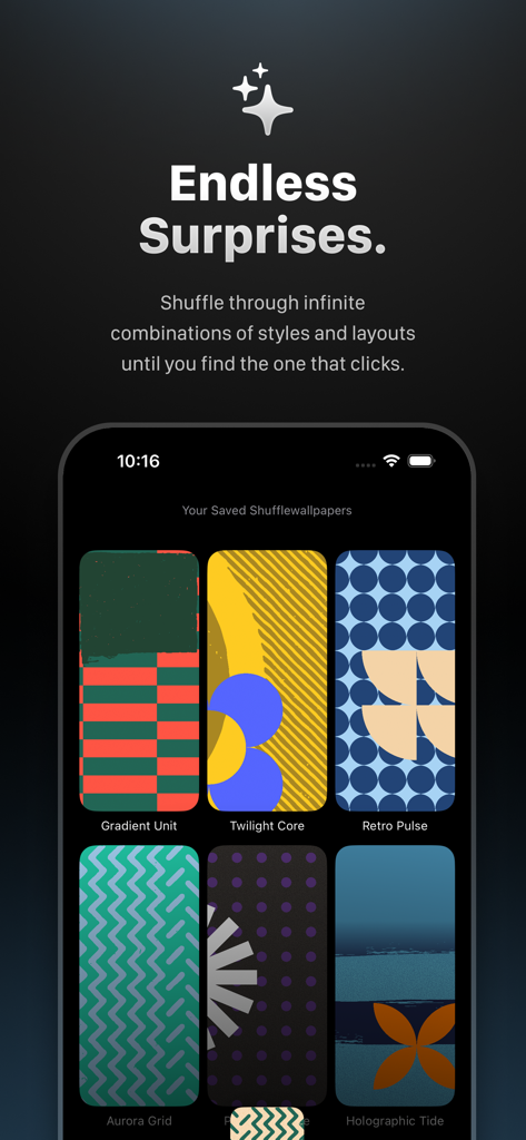 Interface of Shuffle Wall app featuring a collection of vibrant and abstract geometric phone wallpapers.