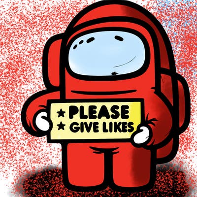 an among us holding a please give likes sign