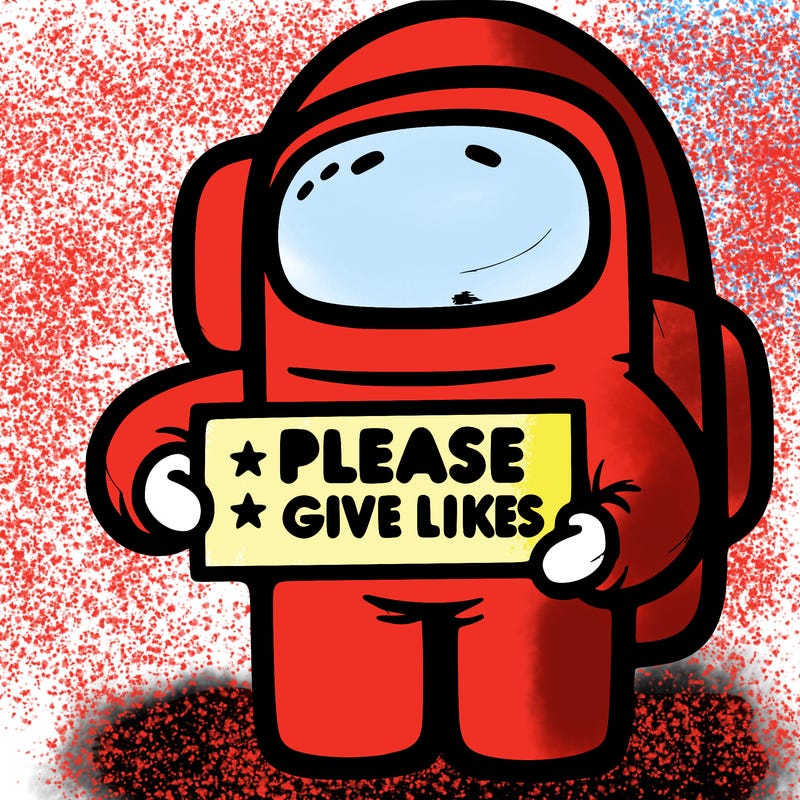 an among us holding a please give likes sign
