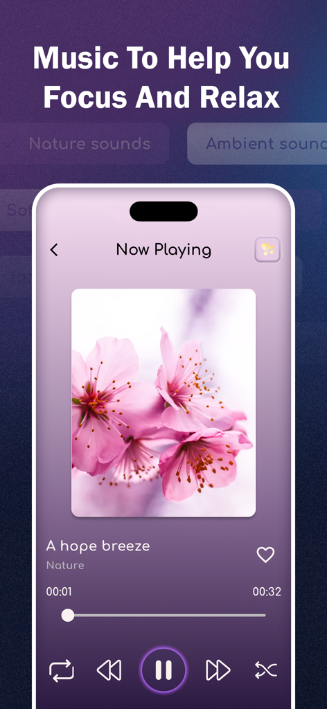 Meditation - Relax & Sleep - Meditation app music player interface showing a nature sound track for focus and relaxation with pink flower imagery