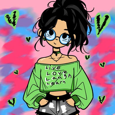 girl with a messy ponytail glasses a baggy crop top and jean shorts
