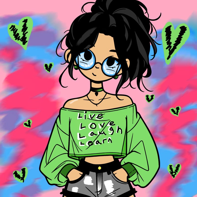 girl with a messy ponytail glasses a baggy crop top and jean shorts