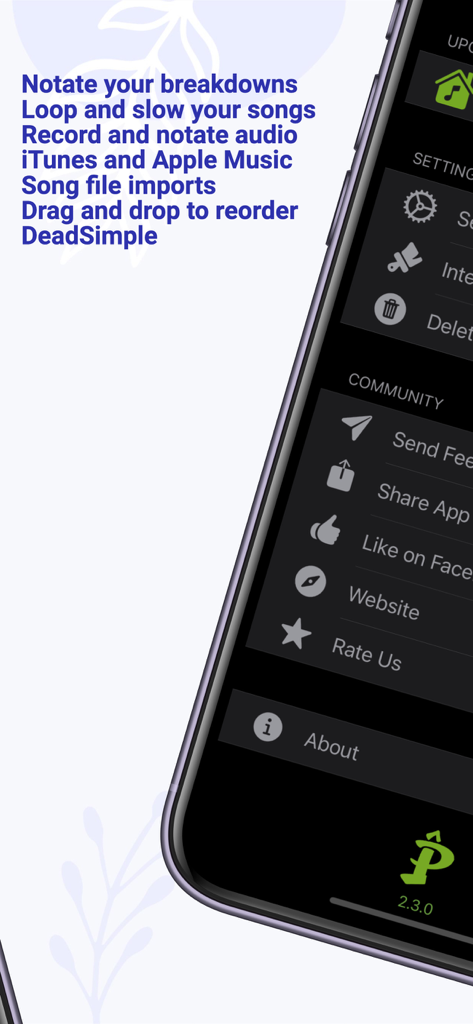 Practice Player - Slow Songs - Practice Player app screen showing the community menu and a list of core music practice features