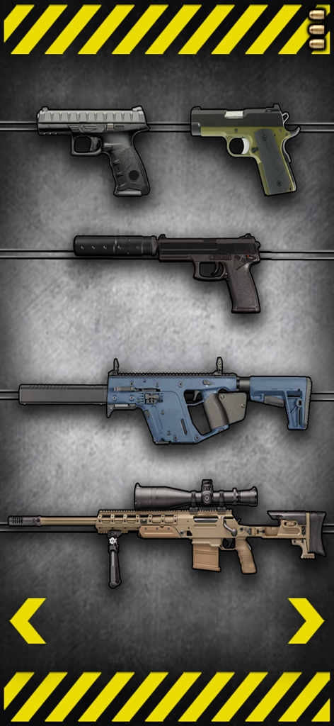 Fire Weapons Simulator - Uma tela de seleção de armas no aplicativo Simulador de Armas de Fogo mostrando várias pistolas, uma submetralhadora e um rifle sniper em um fundo metálico.